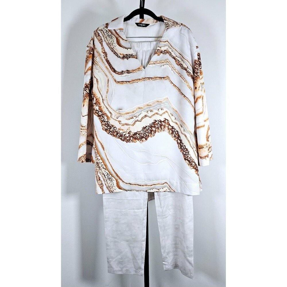 CHICME Two Piece Silky Long Sleeve Pant Set - White and Gold-SZ XL